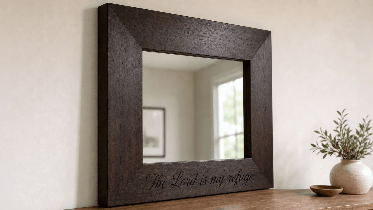 Espresso oak mirror frame engraved with "The Lord is my refuge."